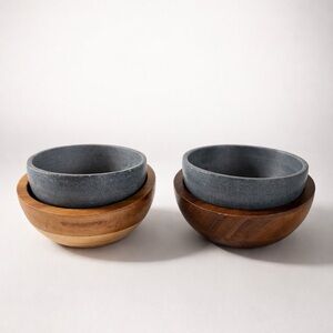 SOAPSTONE & WOOD ICE CREAM BOWL SET FREEZABLE BOWL INSULATING WOOD BOWL MODERN